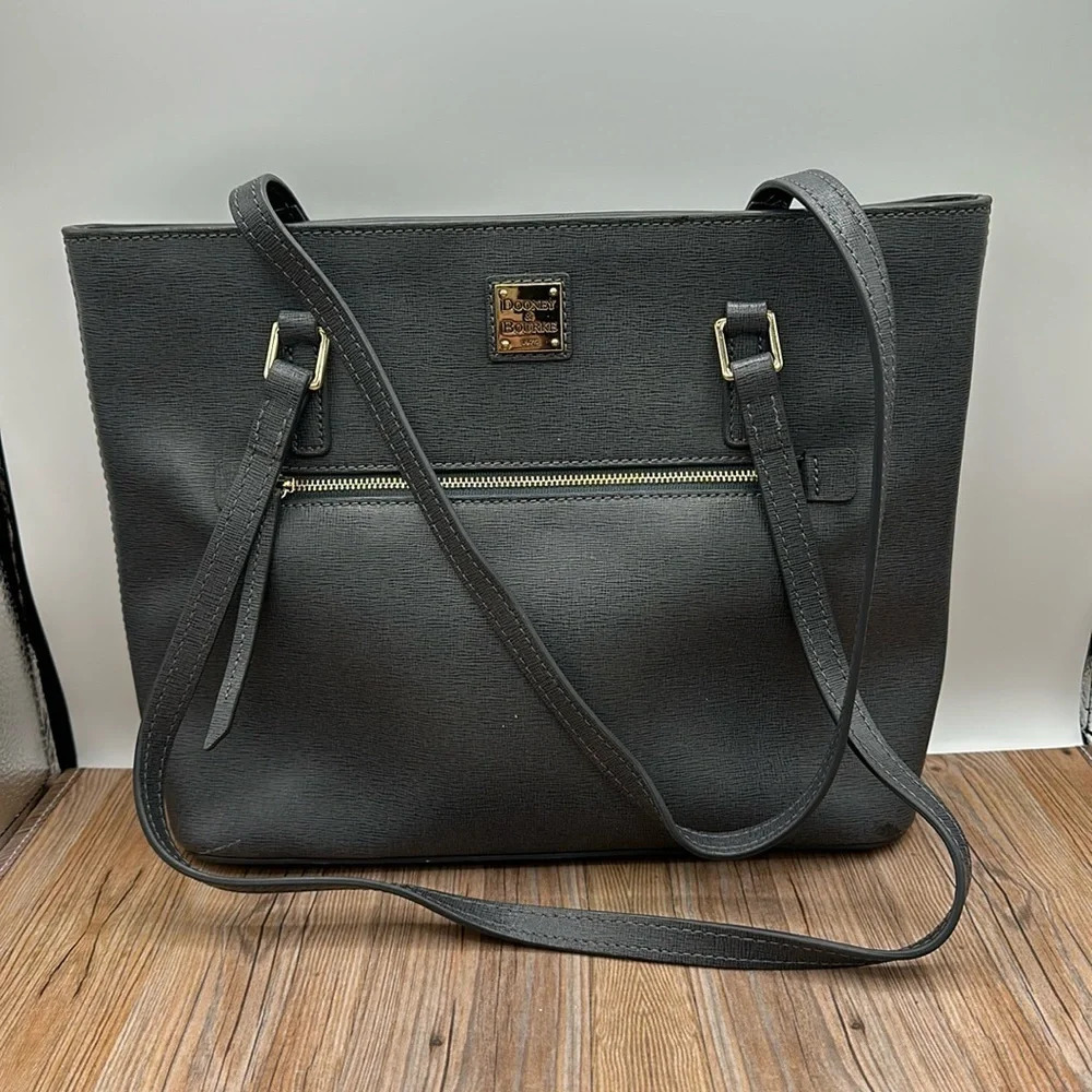 dark grey leather Dooney & Bourke Saffiano Shopper dual shoulder strap bag